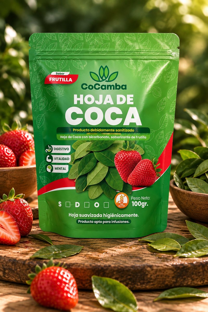 Hoja de coca COCAMBA de 100 g, sabor frutilla